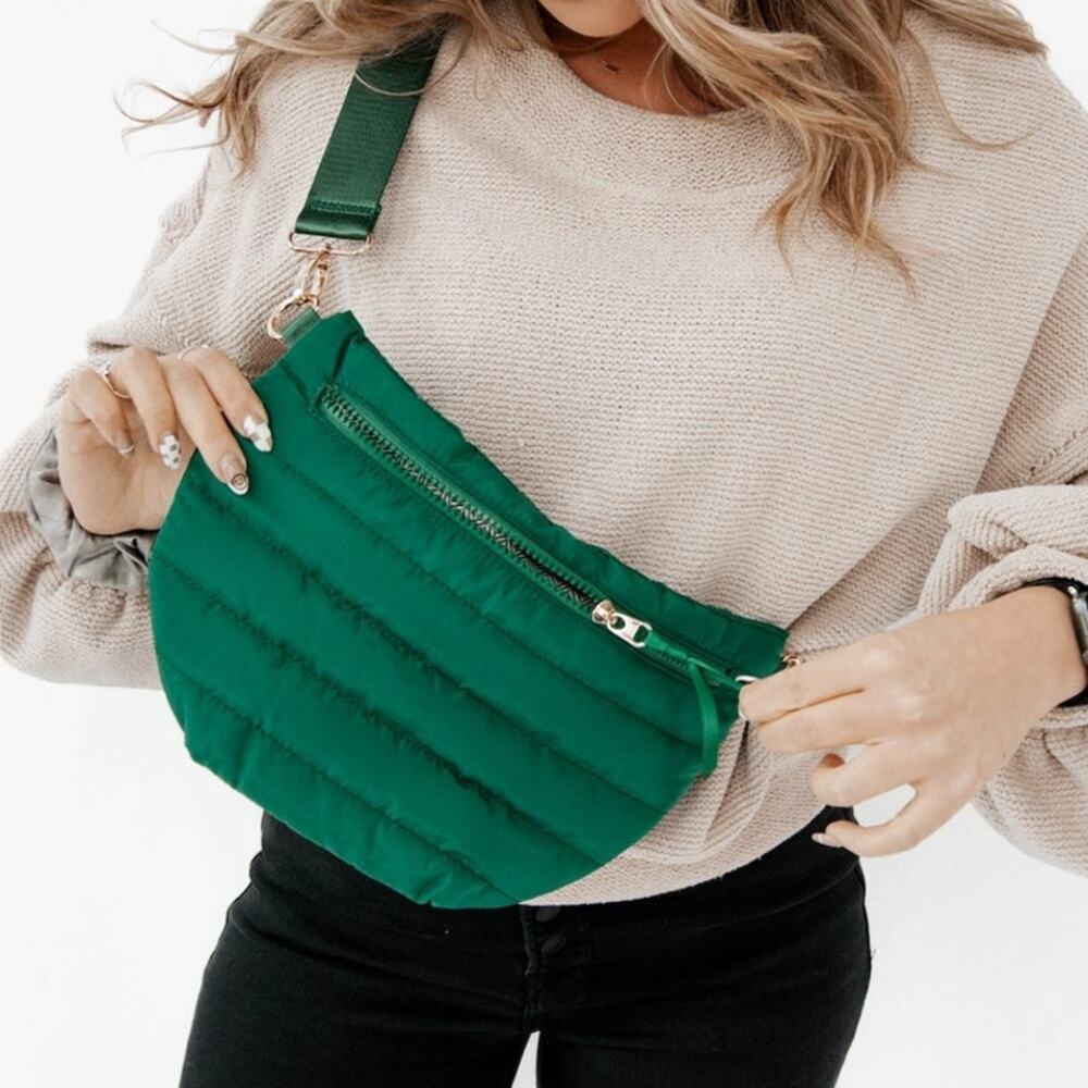 Emerald Green Quilted Puffer Crossbody Bag | Belt Bag | Sling | 3-Way Wear